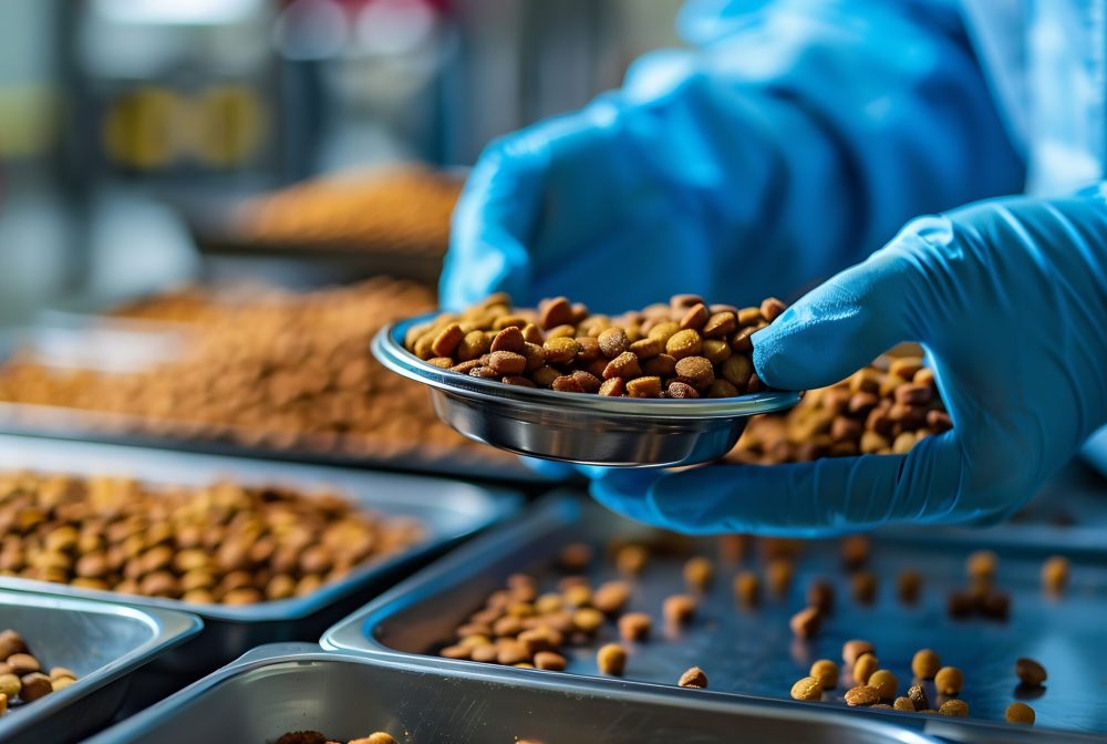 Quality control personnel are inspecting the quality of pet food Quality control process in pet food industry : Generative AI
